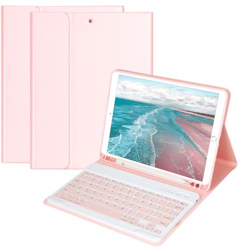 HOTLIFE Keyboard Case for iPad 10.2 Inch 9th Generation 2021/iPad 2020(8th Gen)/2019 (7th Gen)/Air 3 2019/ipad Pro 10.5 inch, Built-in Pen Holder and Detachable Bluetooth Keyboard(Pink)