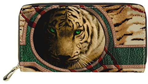 Dolyues Lange Damen-Geldbörse aus PU-Leder mit mehreren Fächern, Kreditkartenfach mit Reißverschluss, Münzgeldbeutel für Damen, Braunes Tiger-Design, Klassisch