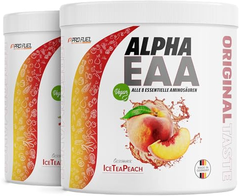 Alpha EAA Pulver 924g ICE TEA PEACH - unglaublich leckeres EAA Drink Pulver - alle 8 essentielle Aminosäuren, vegan EAAs Aminosäuren - Amino-Drink - optimale Wertigkeit - 33 Portionen - 100% vegan