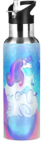 Borraccia in acciaio inox con cannuccia, con unicorno, arcobaleno, isolata, borraccia per bambini, adulti, a tenuta stagna, 1 l