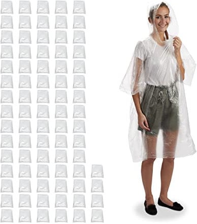 Relaxdays 80 x Regenponcho Einweg, Einmal Regencape mit Kapuze, für Erwachsene, Notfallponcho Unisex, Einheitsgröße, transparent