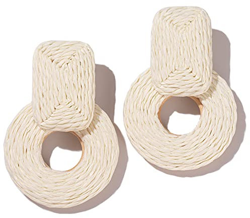 Statement Boho Rattan Dangle Earrings - Handmade Straw Wrap Summer Drop Dangling Earrings for Women, Rattan Raffia Wood, No Gemstone