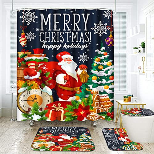 ArtSocket Merry Christmas Badezimmer-Set mit Duschvorhang und Teppich-Zubehör, roter Weihnachtsmann, Weihnachtsbaum-Duschvorhang, Winter-Badezimmerdekoration, 4-teilig