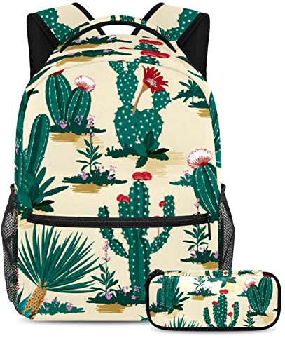 Grüne Kaktus-Wüsten-rote Blumen Schultaschen-Set für Teenager, Mädchen, Jungen, Kinder, Student, Büchertasche, Rucksack mit Federmäppchen für die Grundschule, Sekundarstufe, Juni