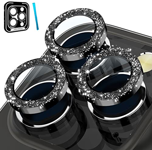 CloudValley Glitzer Kamera Schutz Kompatibel mit iPhone 14 Pro/iPhone 14 Pro Max, Kameraschutz Bling Kamera Glas [HD Klar], 9H Härte Aluminium Kamera Schutzfolie Linse Blasenfrei- Schwarz