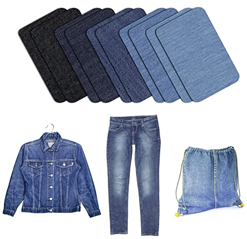 10 Pcs Denim Patches for Jeans Repair,Iron-on Jean Patches Inside & Outside Strongest Glue 100% Cotton Assorted Shades of Blue Repair Decorating Kit Size 9.5 cm x 12 cm