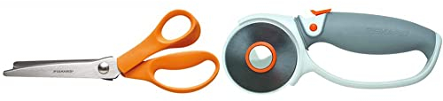 Fiskars Ciseaux cranteurs, Longueur totale: 23 cm, Pour droitiers, Classic & Cutter rotatif à Poignée Softgrip, Revêtement en titane, Ø 60 mm, Pour droitiers et gauchers, Orange/Blanc/Gris