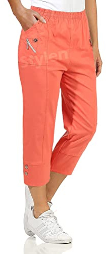 URBAN STITCH Womens Capri Trousers Ladies Three Quarter Soft 3/4 Cropped Pants UK Ladies Stretch Pull on Trousers Elasticated Waist Plus Size Summer Shorts (10, Coral)