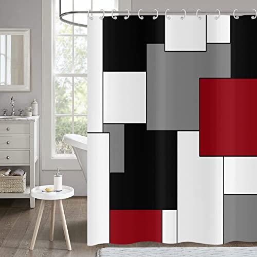 Hnmdmyi Duschvorhang Rot 180x200, Grau Schwarz und Weiß Duschvorhänge Moderne Geometrische Dekorative Badewanne Vorhang Wasserdicht Polyester Stoff Waschbar Badevorhang für Badezimmer mit Haken