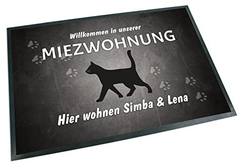 Unikatolo Fußmatte Miezwohnung mit Namen personalisiert - Teppich, Fußabtreter, Vorleger, Flur, Geschenkidee Haustierbesitzer, Hochzeit, Richtfest, Einzug, Jubiläum, Betriebsjubiläum (50 x 35 cm)