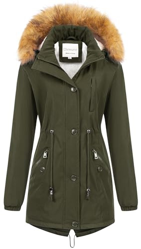 Chrisuno Women's Long Winter Faux Fur Coat Hooded Warm Puffer Quilted Thicken Parka Anorak Jacket Army Green L