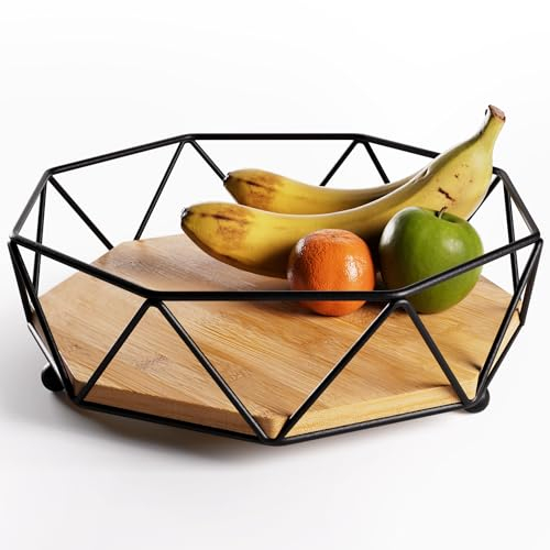 Frutero para encimera de cocina, cuenco moderno de metal y madera de 12 pulgadas de ancho, cesta de frutas grande para encimera de cocina, cuenco decorativo negro, cuenco decorativo de mesa de