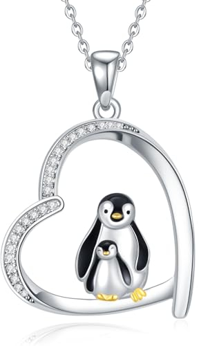 YFN Pinguin-Halskette aus Sterlingsilber Mama und Baby Pinguin-Herz-Halskette Tier-Herz-Anhänger Pinguin-Schmuck Geschenke für Frauen Teenager Mädchen Pinguin-Liebhaber Geburtstag