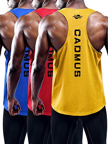 Cadmus Men's 3 Pack Running Muscle Tank Top Dry-Fit Gym Sleeveless Y-Back Shirts Training Fitness Vest,Blue,Red,Yellow,L
