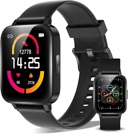 XINJI Smart Watch C1 mit Bluetooth 5.0, 1,69 Touchdisplay, Puls-/Blutsauerstoff-Messung, Kalorien-/Schrittzähler, Benachrichtigungsfunktion, App-Steuerung, Fernauslöser, 5ATM Wasserdicht, schwarz