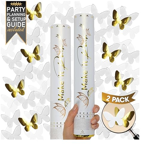 PrimePure Konfettikanone Weiß und Gold in Schmetterlingsform – 2er Set – Party Konfetti Kanone für Hochzeiten, Geburtstage und Festliche Veranstaltungen