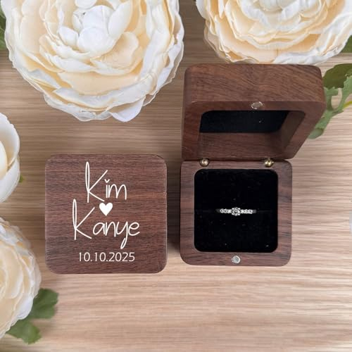 Personalisierte Ringbox aus Holz, personalisierbar, für Hochzeit, Verlobung, Ringhalter, individuelle Gravur, quadratisch, Antragsgeschenk