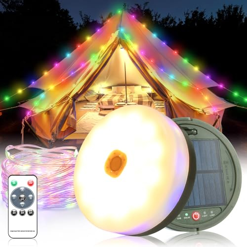 10m Solarenergie USB Camping Lichterkette Aufrollbar Wärmeweiß+RGB,130Leds Campinglampe mit led lichterkette und Fernbedienung,Wasserdicht IP65 Tragbare camping lichterkette