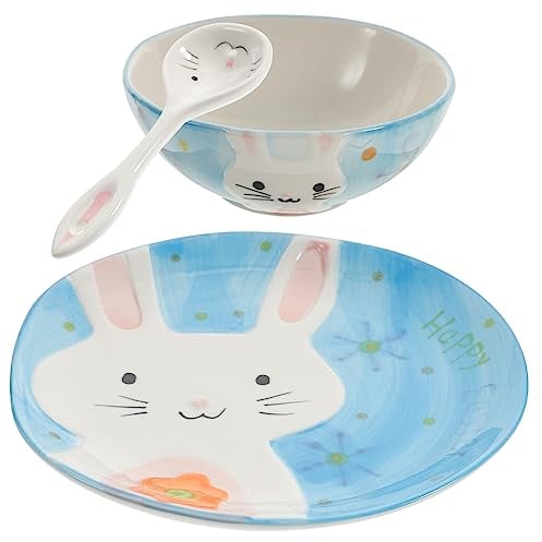 Genérico 1 Juego Platos de conejo plato de cerámica aniaml equipo de bebé Vajilla de cerámica Set de vajilla de dibujos animados mostrada Cuchara de cerámica cuenco y cuchara japones