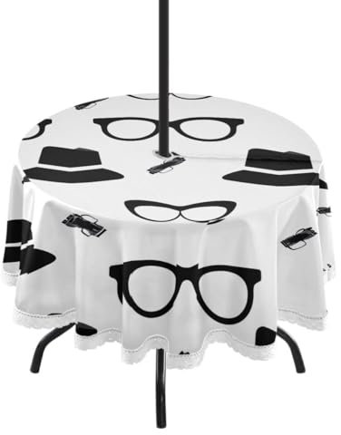 JUMBEAR Wasserdichte runde Tischdecke mit Schirmloch und Reißverschluss, Outdoor-Tischdecke für drinnen und draußen, Terrasse, Gartenparty und Grillen, schwarzer Hut und Brille