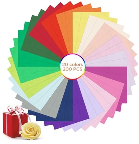 AiQInu 200 Fogli Carta Velina Colorata, 20 Colori 20cm x 30cm Riutilizzabile Carta Velina da Imballaggio, per Artigianato, San Valentino, Natale, Matrimonio, Festa di Compleanno, Decorazione