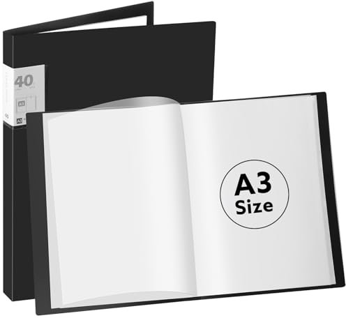A3 Art Portfolio, 40 Pocket Presentation Folder with Clear Plastic Sleeves for Painting Artwork (Black)