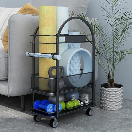Hlixzoy Yoga Mat Storage Basket with Wheels, Home Sports And Fitness Equipment Storage Basket Storage Tube Trolley Rack, Home Gym Dumbbell Rack,B