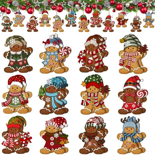 Decorazioni Albero di Natale in Legno - 24 Pezzi Omino Pan di Zenzero Pendenti e Ciondoli per Festiva Decorazione