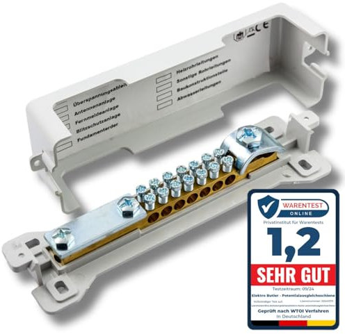 Elektro Butler Potentialausgleichsschiene - vernickelte 9-fach Anschlüsse - Erdungsschiene - Blitzschutz - Grau - plombierbar