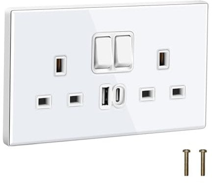 Plug Sockets Double Switched with USB C and USB A, EINNO Wall Electrical Outlets with Power Indictor,13 Amp,Glass (White Double Socket)