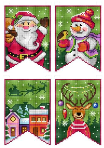 Kit punto croce contato su tela di plastica con bandiere di Natale, colore verde. 4 ornamenti natalizi sani dimensioni 190 CS. 4 fogli di tela di plastica 20 x 28 cm. Ideale per dilettanti di arte e