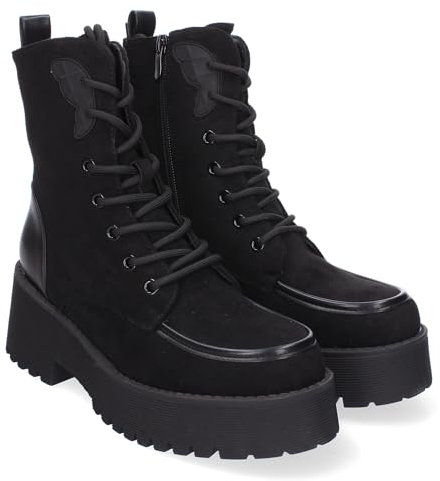 shoes&blues.es 86668 Botines de Tacon para Mujer, Comodos y Elegantes con Suela Dentada, Punta Redonda, Cierre de Cordones y Cremallera Lateral, Ideales para Otono-Invierno. Negro Talla 40