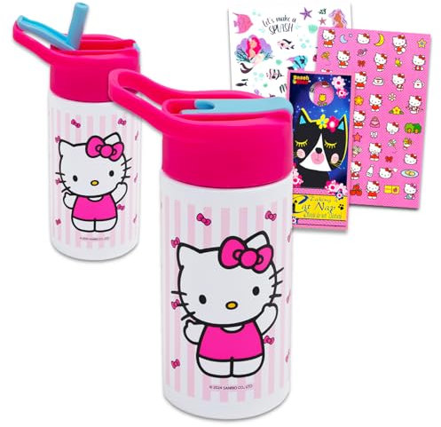 Hello Kitty - Botella de agua de acero inoxidable para niñas, paquete con botella de agua reutilizable de Hello Kitty para el hogar, la escuela y los deportes, además de calcomanía, tatuajes, más |