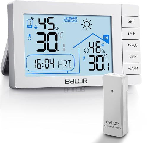 Vexloria Stazione Meteo Wireless Con Sensore Esterno, Termometro Da Interno, Igrometro Da Interno Con Visualizzazione Della Temperatura, Previsioni Meteo, Visualizzazione Dell'Ora, Sveglia, Bianco