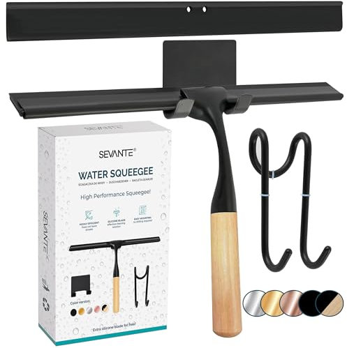 SEVANTE Duschabzieher 24,5 cm - Holz Fensterabzieher - Bad Accessoires - Abzieher Dusche mit Halterung - Flitsche für Dusche, Glas und Spiegel - Duschkabinenabzieher - Schwarz