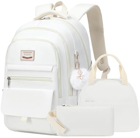 YOJOY Schultasche für Teenager, Mädchen, Rucksack, 3-teilig, Rucksack für Mädchen, 39,6 cm (15,6 Zoll) Laptop mit Lunchbox, Federmäppchen-Set, Beige