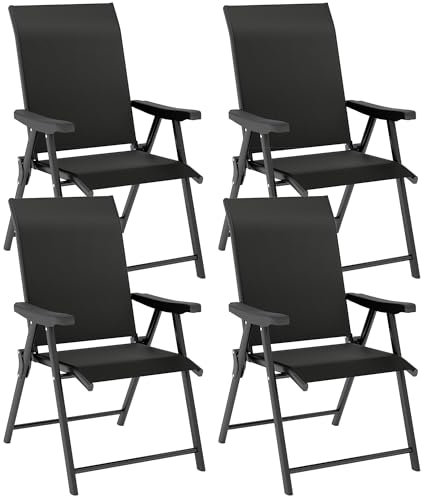 Outsunny Garden Dining Chairs Set of 4, Folding Garden Chairs with All Weather Texteline Back and Seat, Outdoor Dining Chair with Armrests, Steel Frame for Terrace Balcony, Black