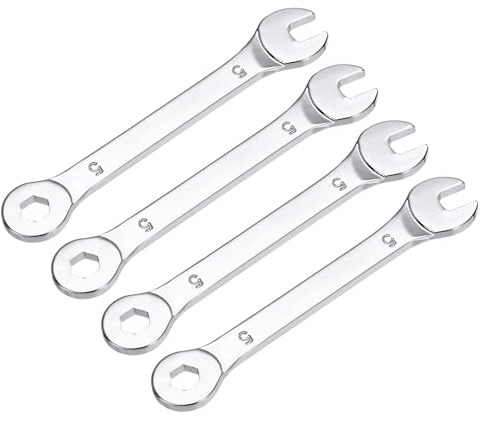 QUARKZMAN 4 Stück 5mm Ring-Maulschlüssel Set, Gabelringschlüssel 6-Punkt-Ende 15 Grad Offset, Offener Schraubenschlüssel Set Stahl Silber für Handwerkzeug Haushalts Reparaturen