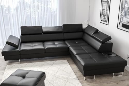 Ecksofa Galaxy 225x280 cm aus Echtleder – Ledersofa mit Schlaffunktion und Bettkasten, verstellbare Kopfstützen und Armlehnen, Eckcouch rechts oder Links wählbar – modernes Design (Schwarz, Rechts)
