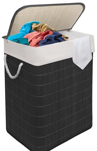 MantraRaj Bamboo Laundry Basket 105L 2 Divider Laundry Hamper with Lid Foldable Laundry Bin with 2 Compartments for Light and Dark Clothes Removable & Washable Liner Bag For Bedroom & Bathroom (Black)