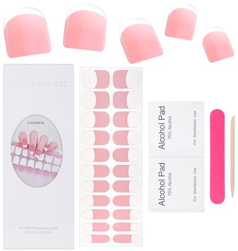 Gel Nail Wraps Semi Cured, French Tip Strips with White Classic Design & Clear Base, UV Light Needed for Salon-Grade Results