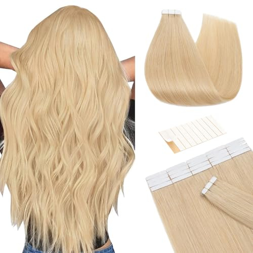 TESS Invisible Tape in Hair Extensions Real Human Hair 20PCS Hair Loss Cover or Highlights Reusable Glue Tape Hair Pieces for Women UK #24 Natural Blonde 16 Inch 50g