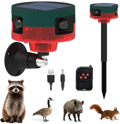 Solar Animal Deterrent Alarm, 360° Motion Sensor Alarm with 130dB Siren, 13 Sounds & Custom Recording, Remote Control, Solar Powered Wildlife Repeller for Garden Farm Yard Orchard Security