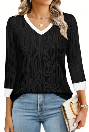 Syphiby Womens 3/4 Sleeve V Neck Tunic Blouse Top, S-XXL | Summer Tops for Women UK,Boho Tops for Women,Tops for Women Trendy 2026,Business Casual Outfits