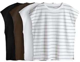 THE SET Damen 4er-Pack T-Shirts mit überschnittenen Ärmeln Black/Grey/Stripe/White L