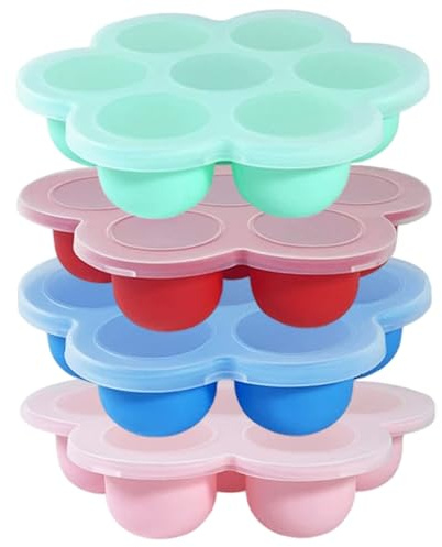 Lot de 4 plateaux de congélation pour aliments pour bébé avec couvercle, plateau congélation en silicone à 7 cavités pour congeler et conserver le lait maternel, les glaçons, les purées fruits
