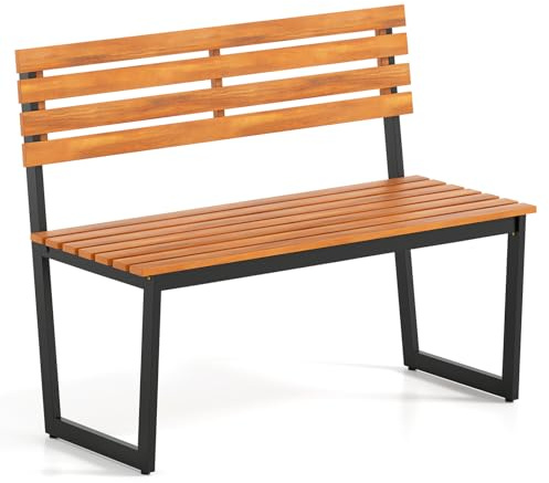KOMFOTTEU 2-Sitzer Gartenbank wetterfest, Sitzbank aus Akazienholz mit Metallrahmen, Balkonbank mit Latten-Sitz und geneigter Rückenlehne, Holzbank bis 360 kg für Garten, Balkon (ohne Armlehnen)