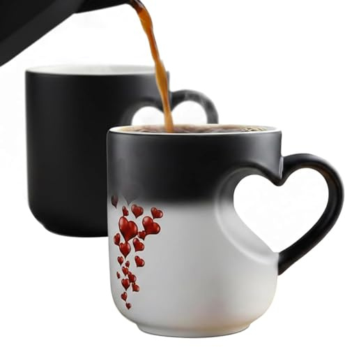 Herz Farbwechsel Magischer Kaffeetasse, Personalisierte Zaubertasse, Farbwechselnde Tasse mit Herzgriff, Romantische Trinkbecher mit Farbwechsel Valentinstag Geschenke für Damen Herren (Schwarz)