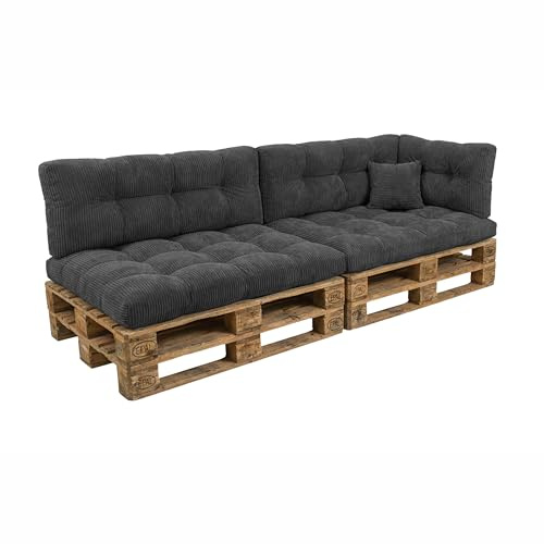POKAR Palettenkissen 6er Set aus Cordstoff: 2X Sitzkissen 120x80 + 2X Rückenkissen 120x40 + Seitenkissen + Dekokissen | Gesteppte Palettenauflage für Loungemöbel | Oeko-TEX | Made in EU | Dunkelgrau
