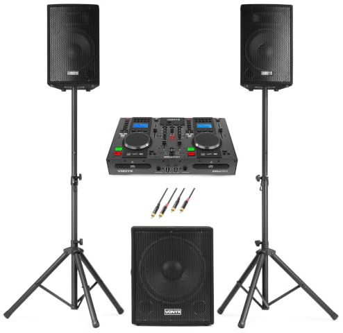 Vonyx VX1015BT Beginner DJ Set – 1000W PA-Anlage 2.1 + CDJ450 DJ-Mixer – 15 Subwoofer + 2X Tops + Stative – Bluetooth, USB, CD – Plug and Play – Ideal für Partys bis 50 Personen